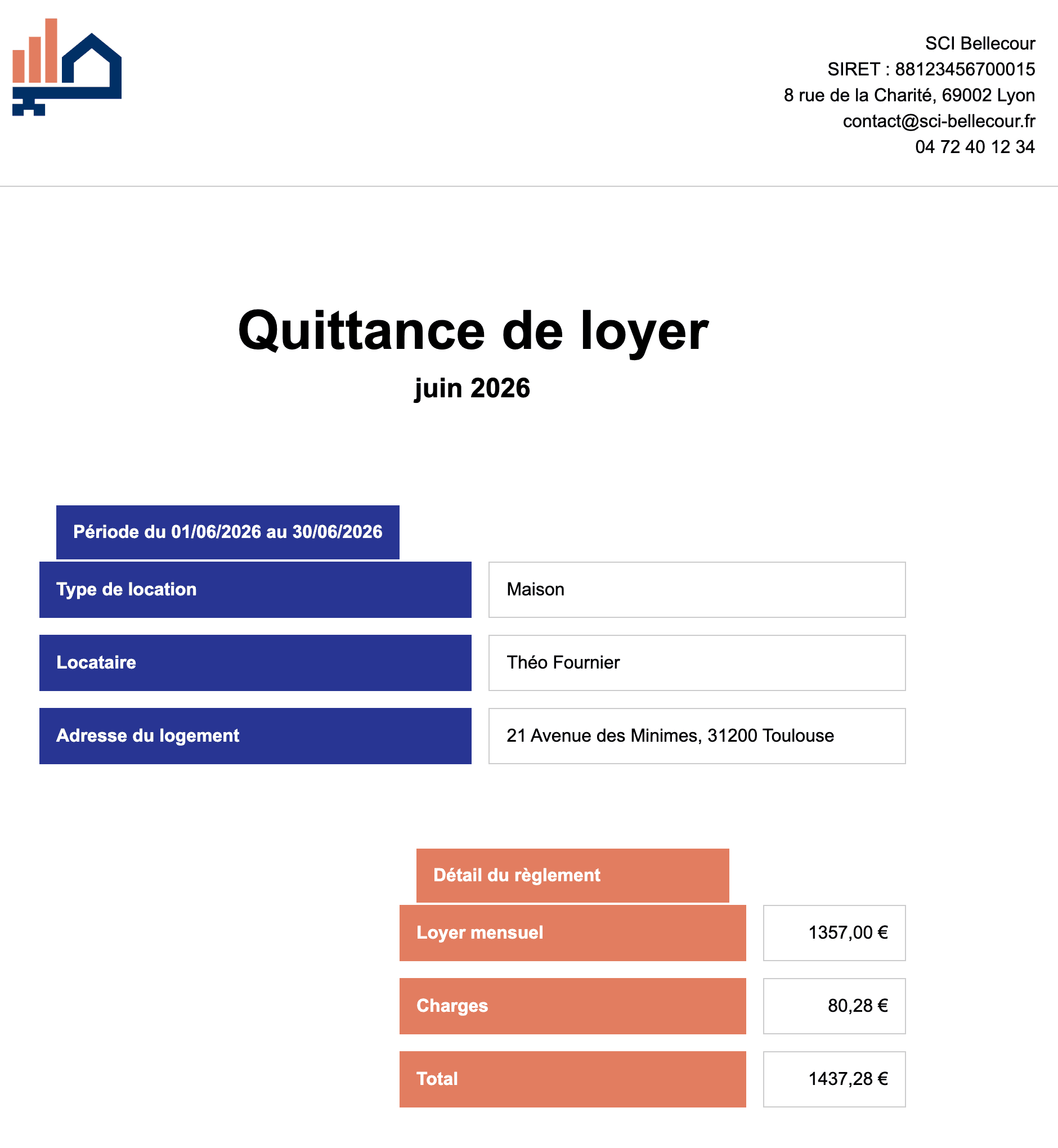 Quittance de loyer générée par Locary : période, locataire, adresse du logement et détail du règlement en euros